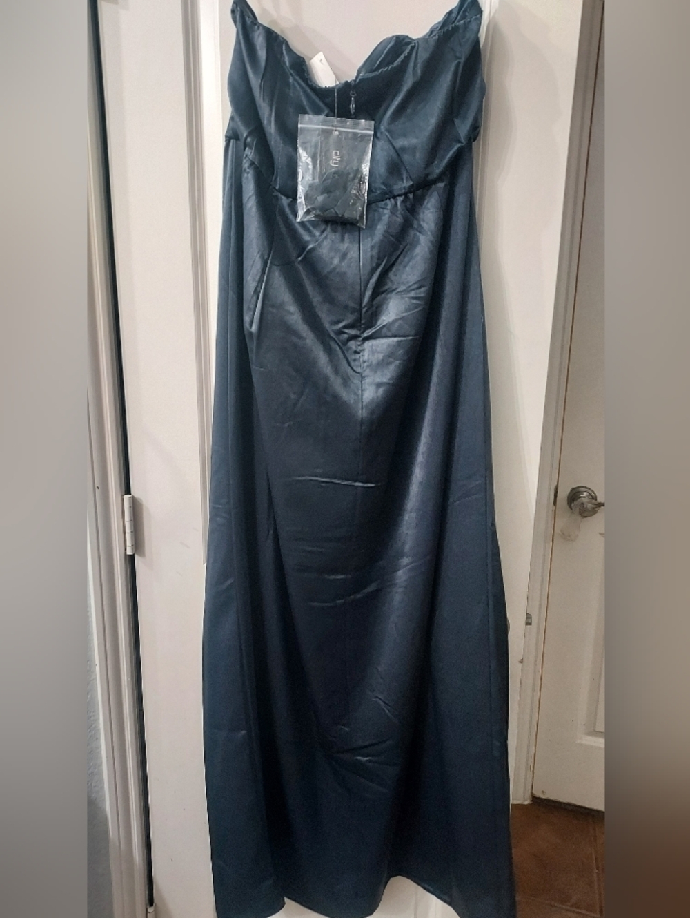 Strapless Navy Blue Satin Evening Gown
